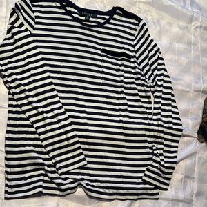 Ralph Lauren Navy and White Striped Long Sleeve Tee with velvet trim details